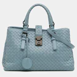 Pre Owned Bottega Veneta Blue Small Nappa Intrecciato Roma Satchel