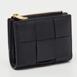 Pre Owned Bottega Veneta Black Leather Cassette Small Bi-Fold Wallet