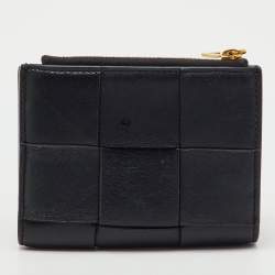 Pre Owned Bottega Veneta Black Leather Cassette Small Bi-Fold Wallet