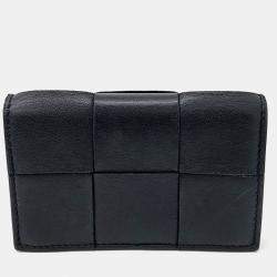 Pre Owned Bottega Veneta Black Leather Mesh Business Card Case