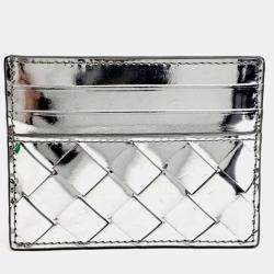 Pre Owned Bottega Veneta Silver Patent Card Holder