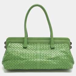 Pre Owned Bottega Veneta Green Intrecciato Leather Frame Satchel