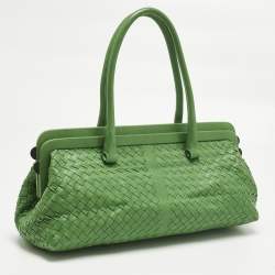 Pre Owned Bottega Veneta Green Intrecciato Leather Frame Satchel