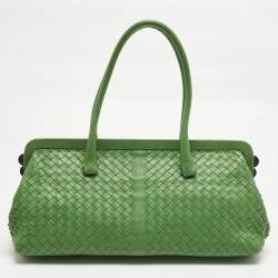 Pre Owned Bottega Veneta Green Intrecciato Leather Frame Satchel