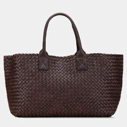 Pre Owned Bottega Veneta Brown Medium Lambskin Intreccio Cabat Tote
