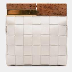 Pre Owned Bottega Veneta White Lambskin Maxi Intrecciato The Snap Clutch