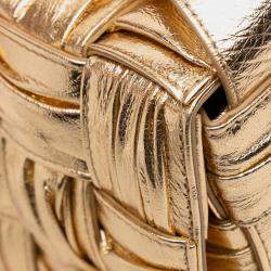 Pre Owned Bottega Veneta Gold Small Metallic Calfskin Intreccio Plisse Cassette Crossbody