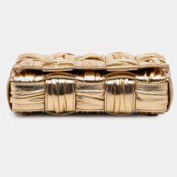 Pre Owned Bottega Veneta Gold Small Metallic Calfskin Intreccio Plisse Cassette Crossbody