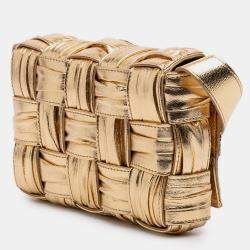 Pre Owned Bottega Veneta Gold Small Metallic Calfskin Intreccio Plisse Cassette Crossbody