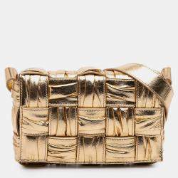 Pre Owned Bottega Veneta Gold Small Metallic Calfskin Intreccio Plisse Cassette Crossbody