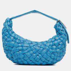 Pre Owned Bottega Veneta Blue Paper Calfskin Intrecciato Banana Hobo Bag