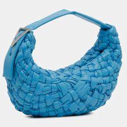 Pre Owned Bottega Veneta Blue Paper Calfskin Intrecciato Banana Hobo Bag