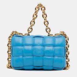 Pre Owned Bottega Veneta Blue Nappa Intrecciato Padded Chain Cassette Satchel