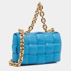 Pre Owned Bottega Veneta Blue Nappa Intrecciato Padded Chain Cassette Satchel