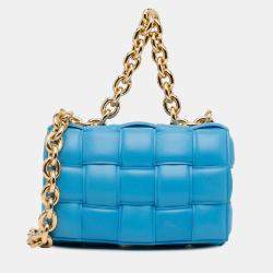 Pre Owned Bottega Veneta Blue Nappa Intrecciato Padded Chain Cassette Satchel