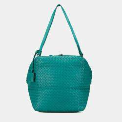 Pre Owned Bottega Veneta Blue Nappa Intrecciato Cube Shoulder Bag