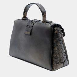 Pre Owned Bottega Veneta Brown Small Intrecciato Trimmed Metallic Nappa Grommet Piazza Satchel
