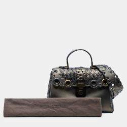 Pre Owned Bottega Veneta Brown Small Intrecciato Trimmed Metallic Nappa Grommet Piazza Satchel