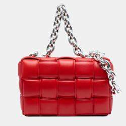 Pre Owned Bottega Veneta Red Nappa Intrecciato Padded Chain Cassette Satchel