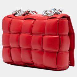 Pre Owned Bottega Veneta Red Nappa Intrecciato Padded Chain Cassette Satchel
