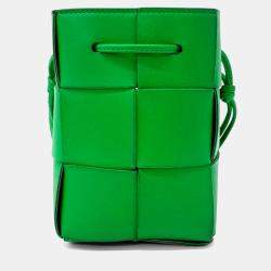 Pre Owned Bottega Veneta Green Leather Cassette Bucket Bag Mini
