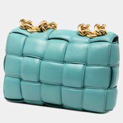 Pre Owned Bottega Veneta Blue Nappa Intrecciato Padded Chain Cassette Satchel