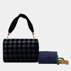 Pre Owned Bottega Veneta Navy Blue Velvet and Satin Intrecciato Top Handle Bag