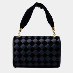 Pre Owned Bottega Veneta Navy Blue Velvet and Satin Intrecciato Top Handle Bag