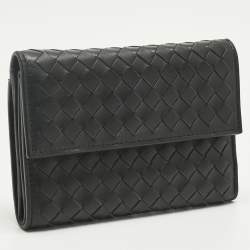 Pre Owned Bottega Veneta Black Intrecciato Leather Trifold Flap Wallet
