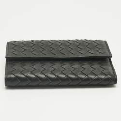 Pre Owned Bottega Veneta Black Intrecciato Leather Trifold Flap Wallet