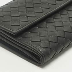 Pre Owned Bottega Veneta Black Intrecciato Leather Trifold Flap Wallet