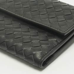 Pre Owned Bottega Veneta Black Intrecciato Leather Trifold Flap Wallet