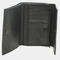 Pre Owned Bottega Veneta Black Intrecciato Leather Trifold Flap Wallet
