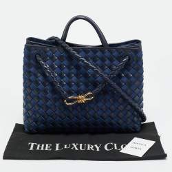 Pre Owned Bottega Veneta Navy Blue Intrecciato Leather and Denim Medium Andiamo Bag
