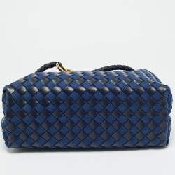 Pre Owned Bottega Veneta Navy Blue Intrecciato Leather and Denim Medium Andiamo Bag