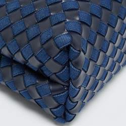 Pre Owned Bottega Veneta Navy Blue Intrecciato Leather and Denim Medium Andiamo Bag