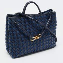 Pre Owned Bottega Veneta Navy Blue Intrecciato Leather and Denim Medium Andiamo Bag