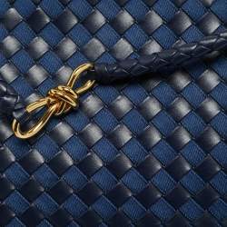 Pre Owned Bottega Veneta Navy Blue Intrecciato Leather and Denim Medium Andiamo Bag