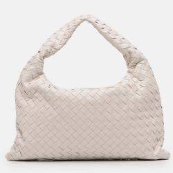 Pre Owned Bottega Veneta White Small Calfskin Intrecciato Hop Hobo