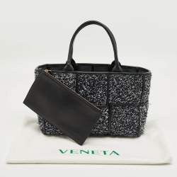 Pre Owned Bottega Veneta Black/Navy Blue Intreccio Tweed Small Arco Tote