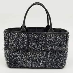 Pre Owned Bottega Veneta Black/Navy Blue Intreccio Tweed Small Arco Tote