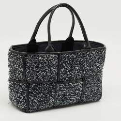 Pre Owned Bottega Veneta Black/Navy Blue Intreccio Tweed Small Arco Tote
