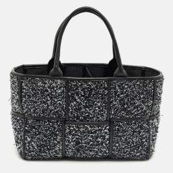 Pre Owned Bottega Veneta Black/Navy Blue Intreccio Tweed Small Arco Tote
