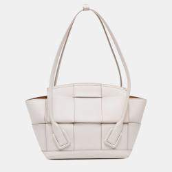 Pre Owned Bottega Veneta White Small Calfskin Maxi Intrecciato Arco Satchel