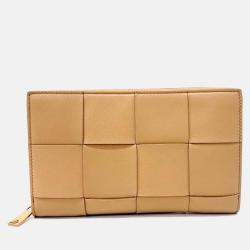 Pre Owned Bottega Veneta Beige Leather Cassette Zipper Long Wallet