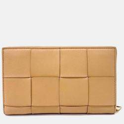 Pre Owned Bottega Veneta Beige Leather Cassette Zipper Long Wallet
