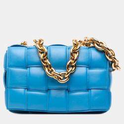 Pre Owned Bottega Veneta Blue Nappa Intrecciato Padded Chain Cassette Satchel