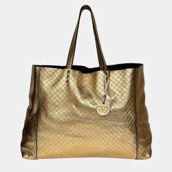 Pre Owned Bottega Veneta Gold Leather Tote Bag