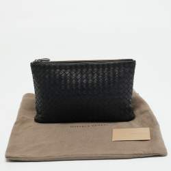 Pre Owned Bottega Veneta Black Intrecciato Leather Zip Flat Clutch