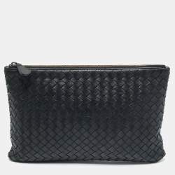 Pre Owned Bottega Veneta Black Intrecciato Leather Zip Flat Clutch